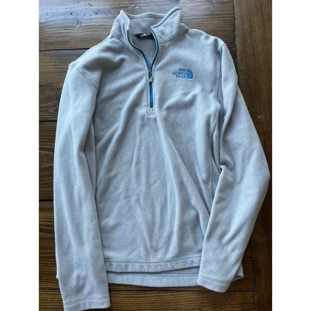 The North Face Mens TKA 100 Quarter Zip Fleece Pullover Grey Blue Small‎